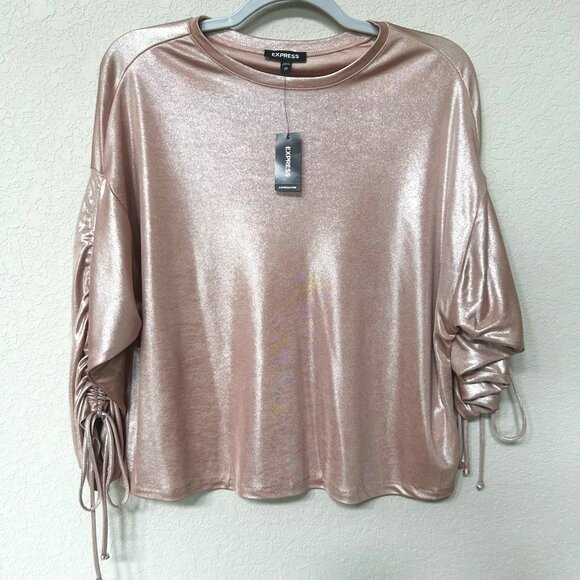 NWT Express Rose Gold Women's Ruched Sleeve Blouse - Picture 4 of 6